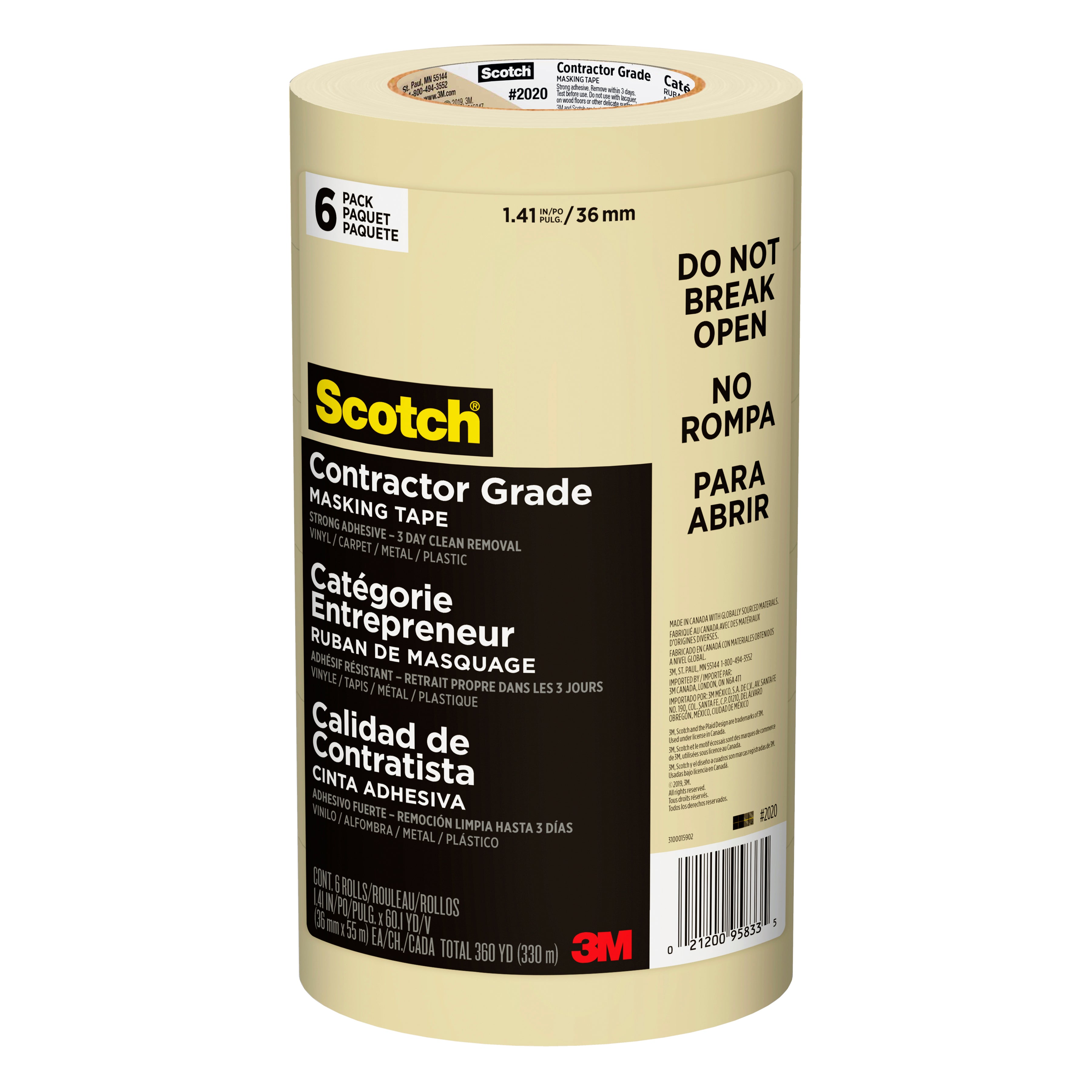 Scotch 2020 2" Tan Masking Tape 6pk